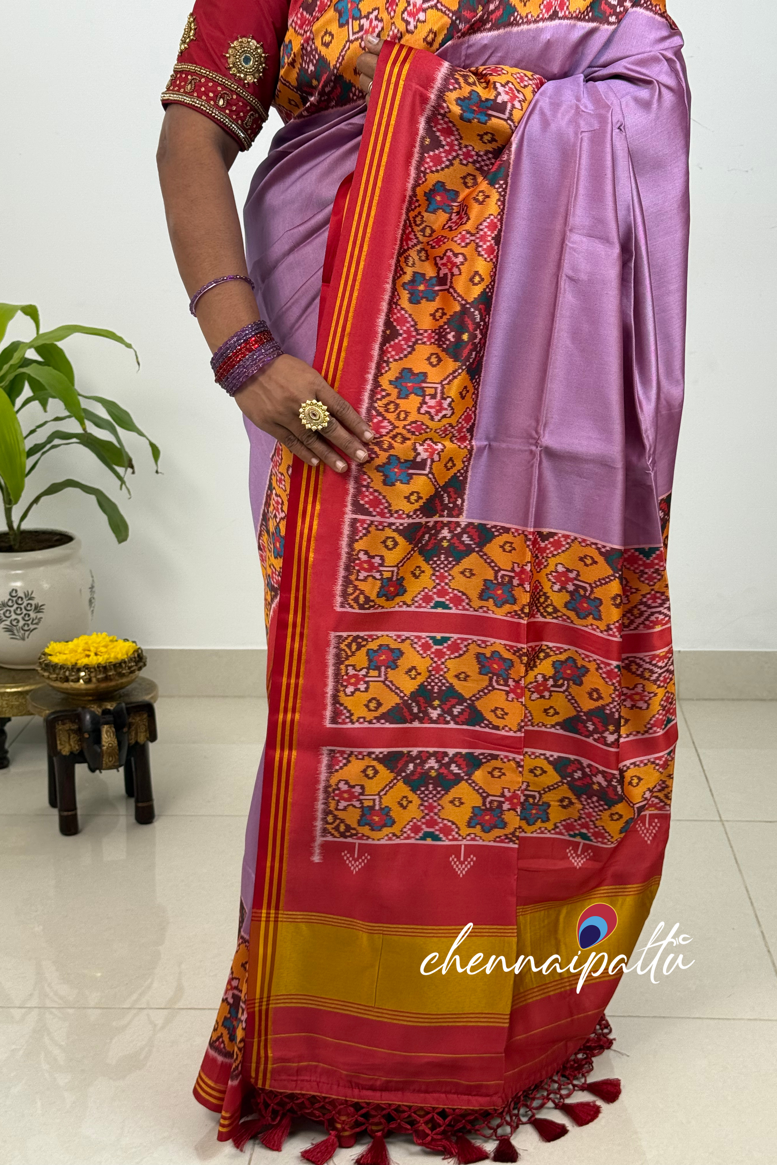 SUNITHA – Pure Tussar Patola Saree | Contrast Blouse Attached