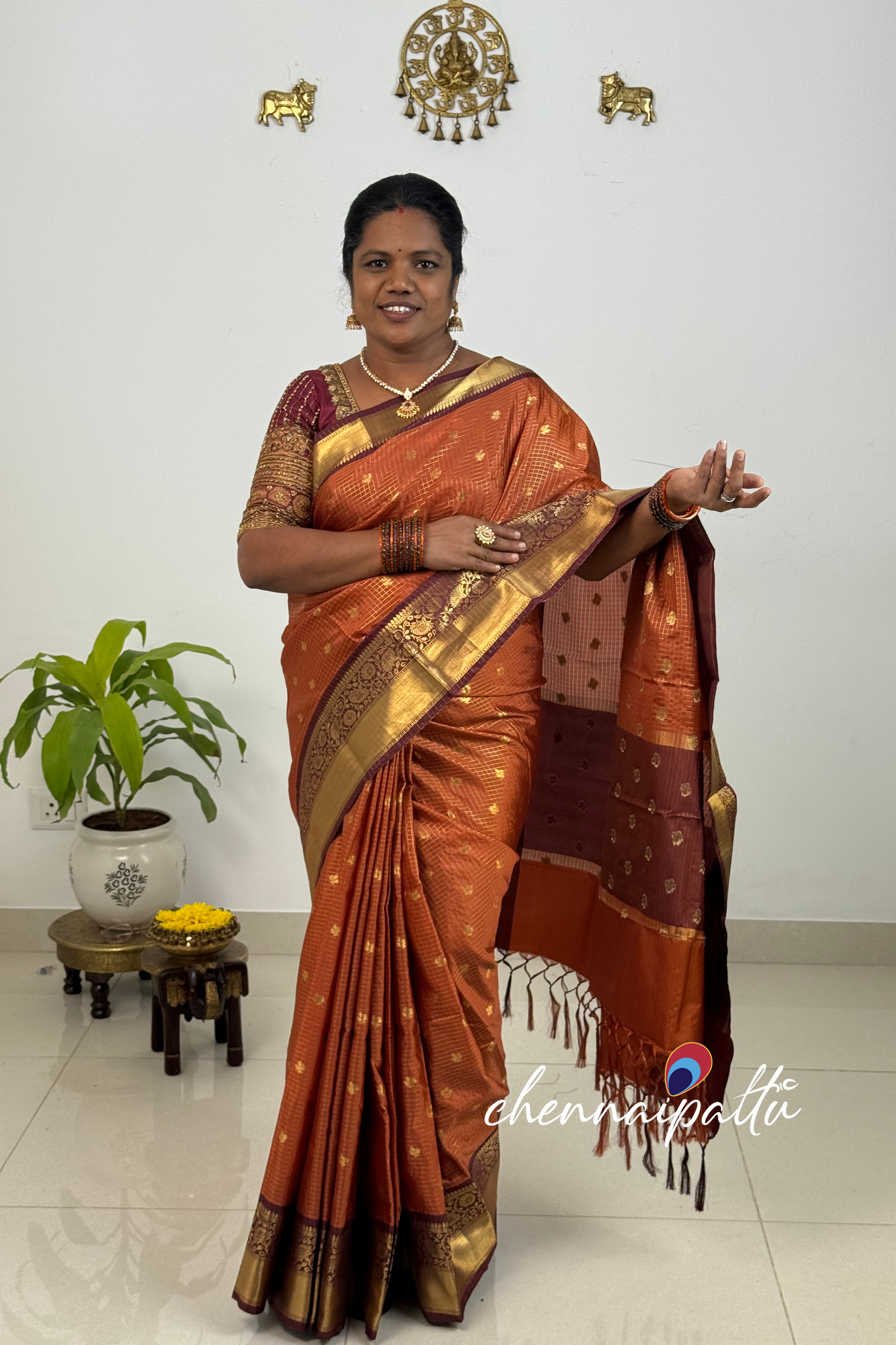 SUNITHA – Vintage Semi Banarasi Saree with Checks | Contrast Blouse Attached