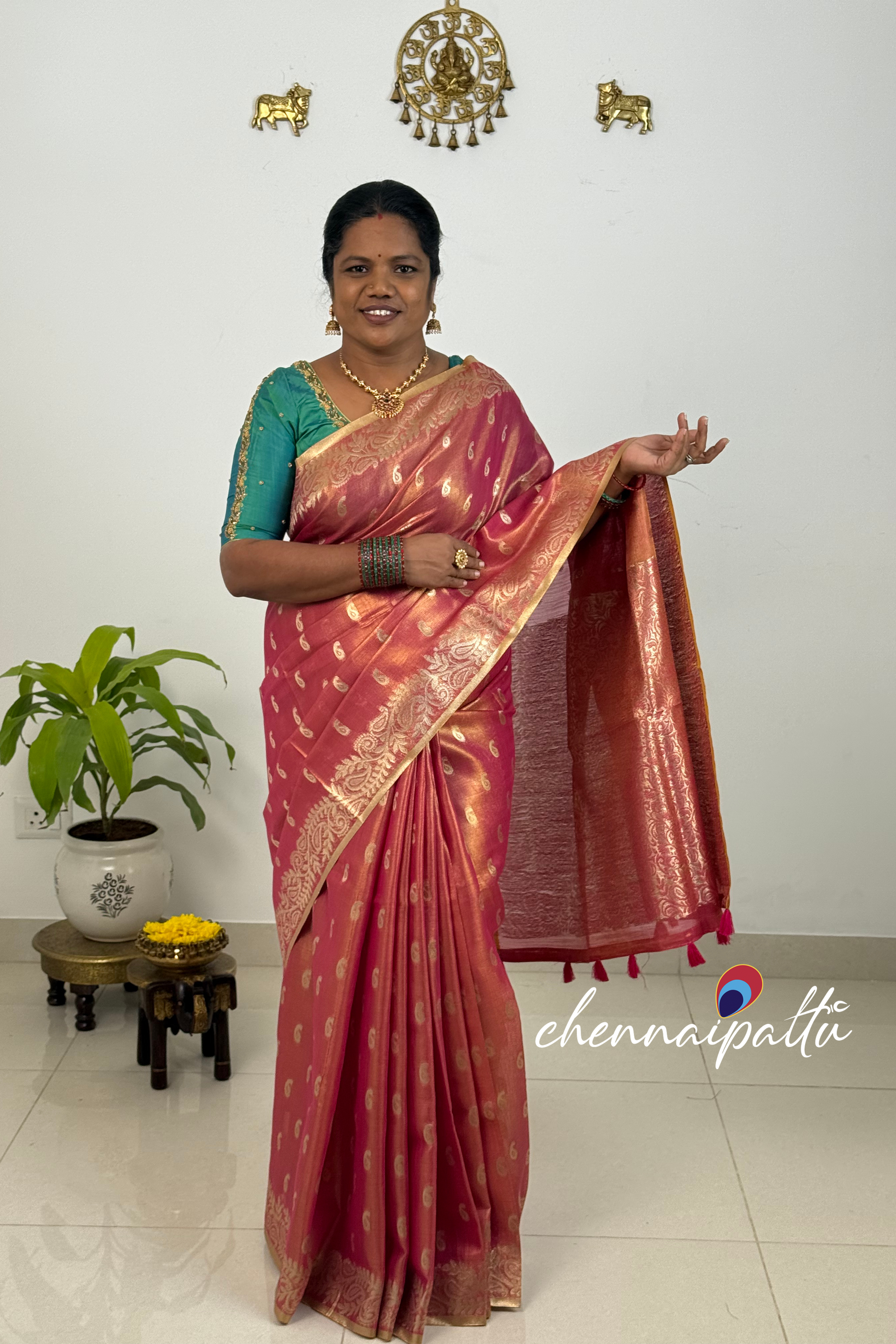SUNITHA – Handcrafted Linen Tissue Saree | Blouse Attached