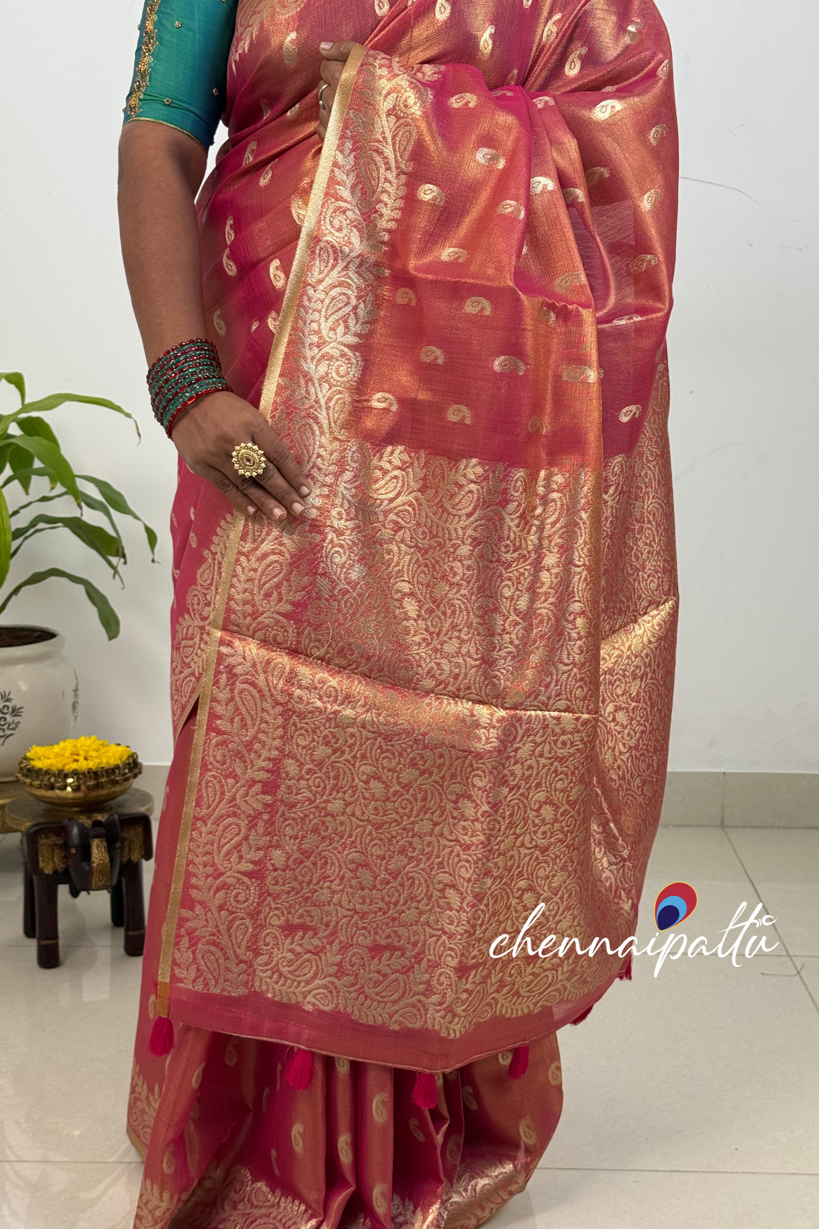 SUNITHA – Handcrafted Linen Tissue Saree | Blouse Attached