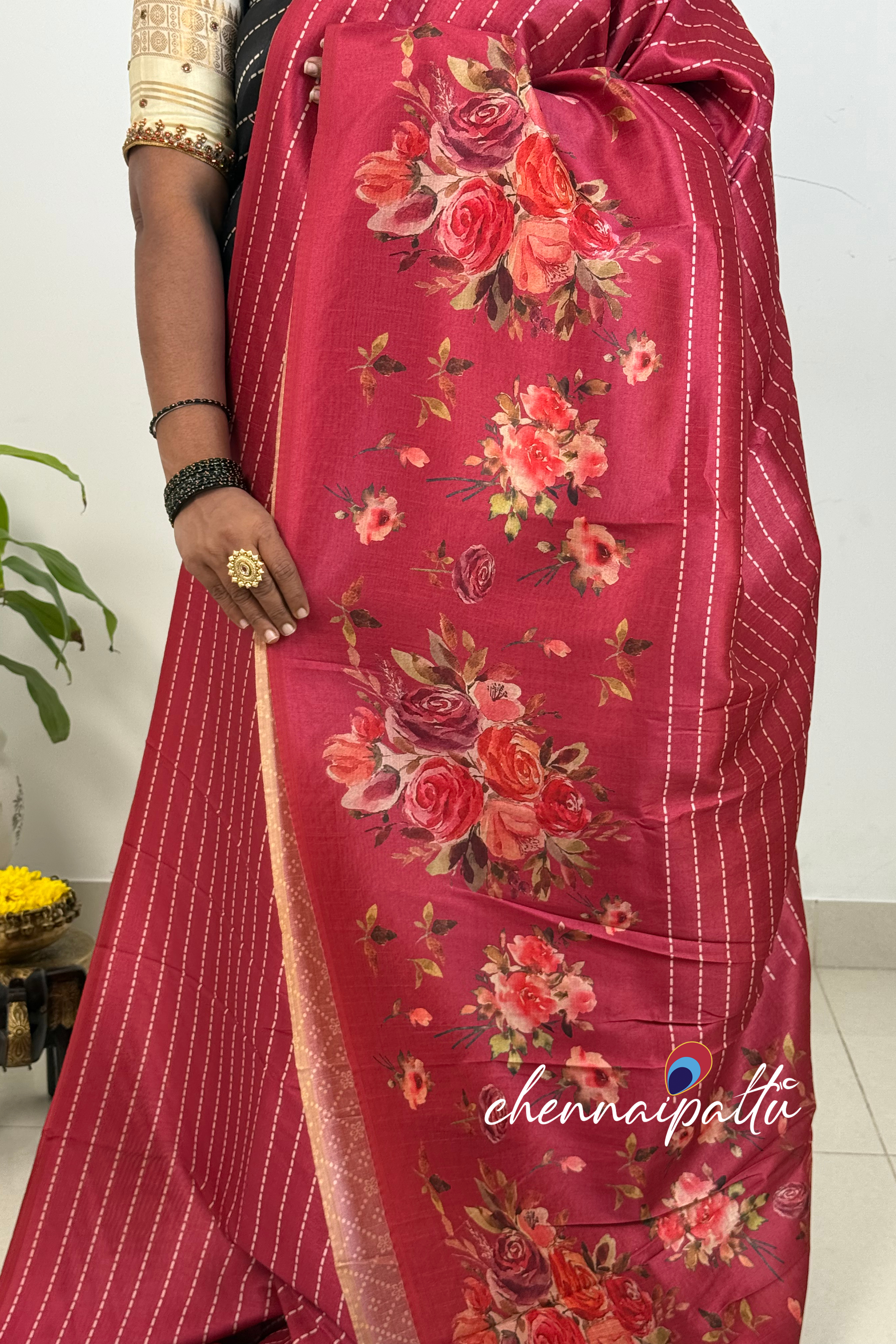 SUNITHA – Premium Semi Desi Tussar Saree with Digital Floral Print | Running Blouse