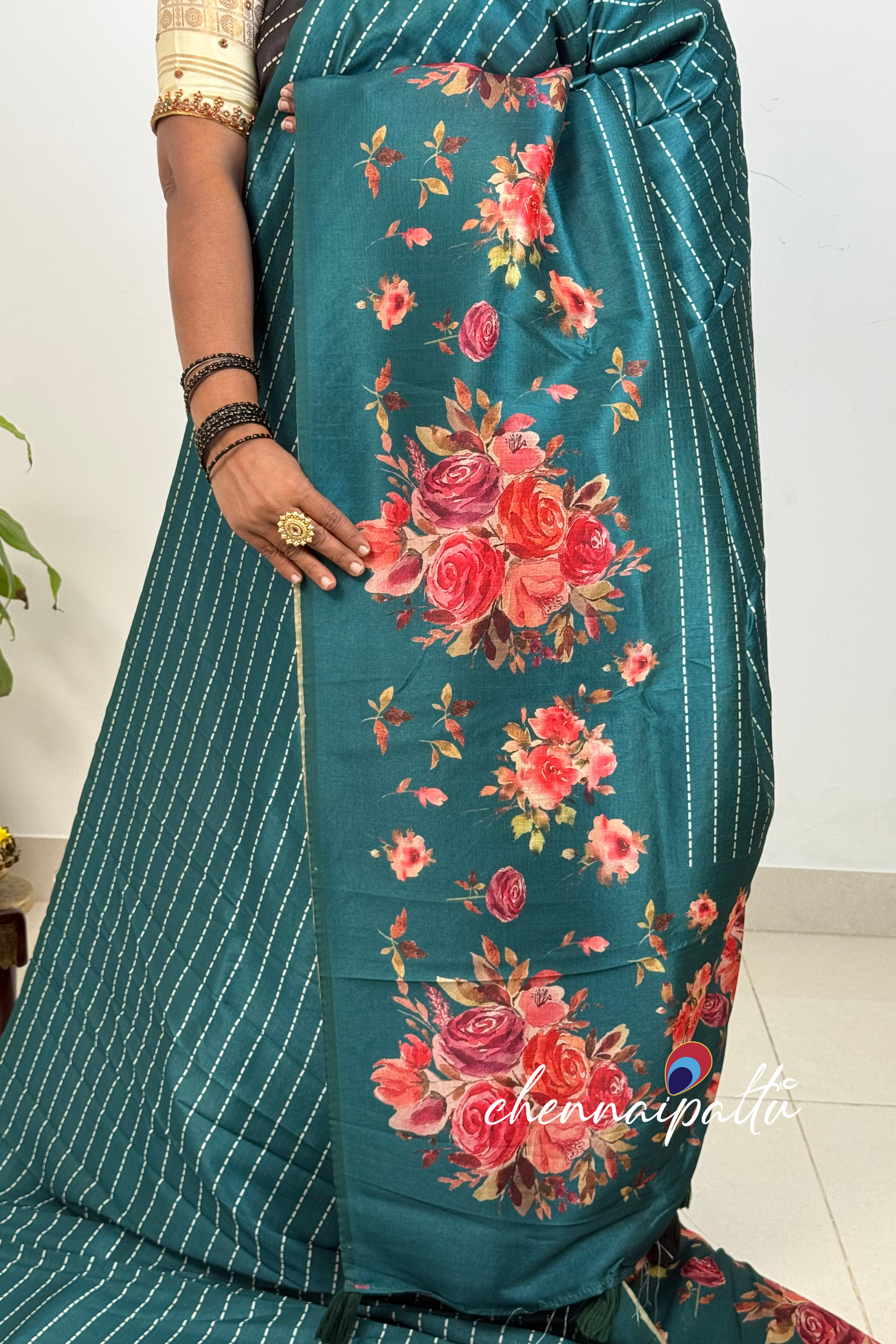 SUNITHA – Premium Semi Desi Tussar Saree with Digital Floral Print | Running Blouse