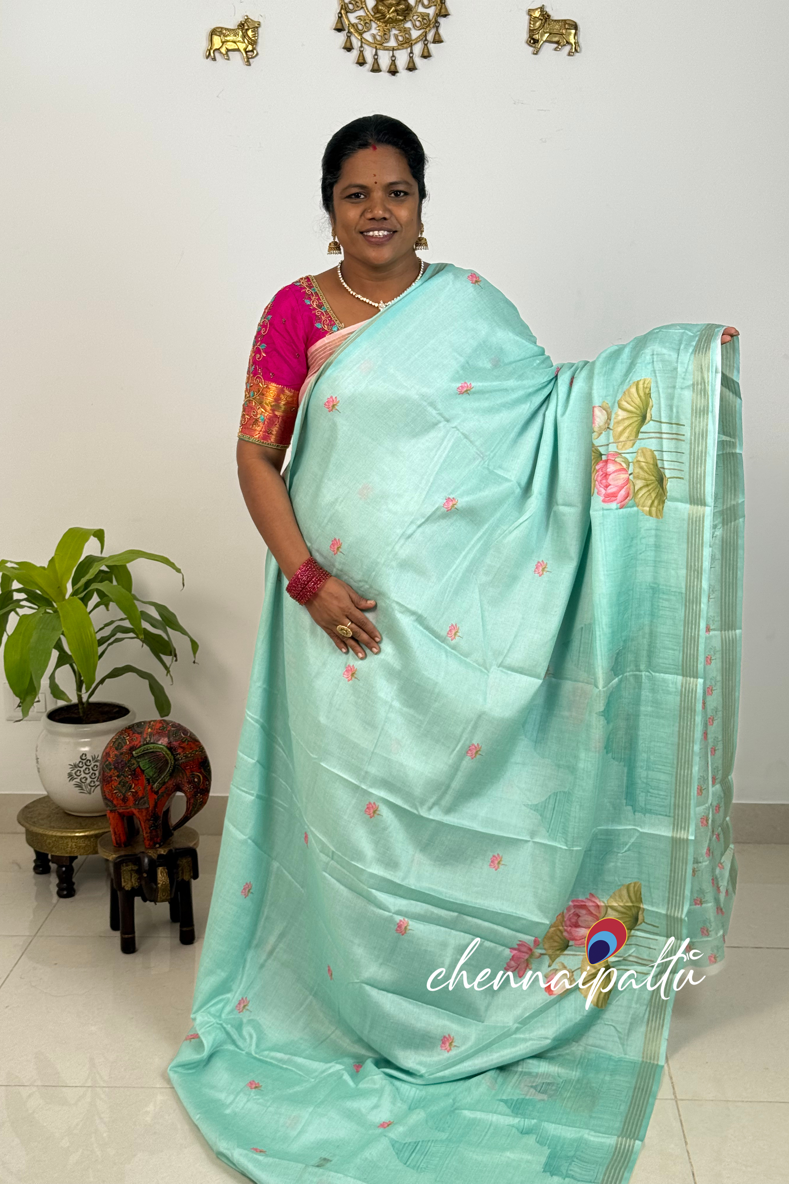 SUNITHA – Kalamkari Cotton Tussar Saree | Radha Krishna Pallu