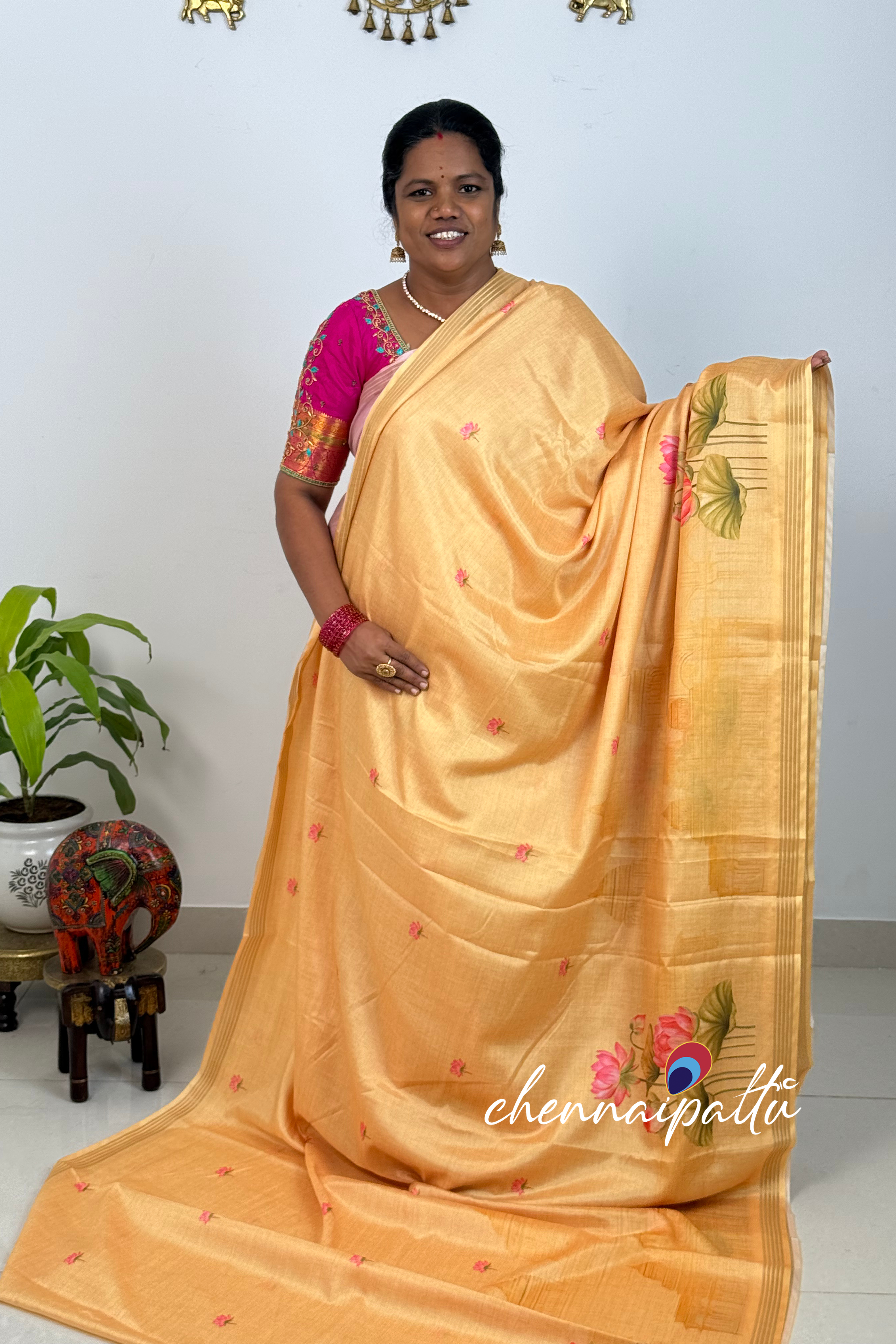 SUNITHA – Kalamkari Cotton Tussar Saree | Radha Krishna Pallu