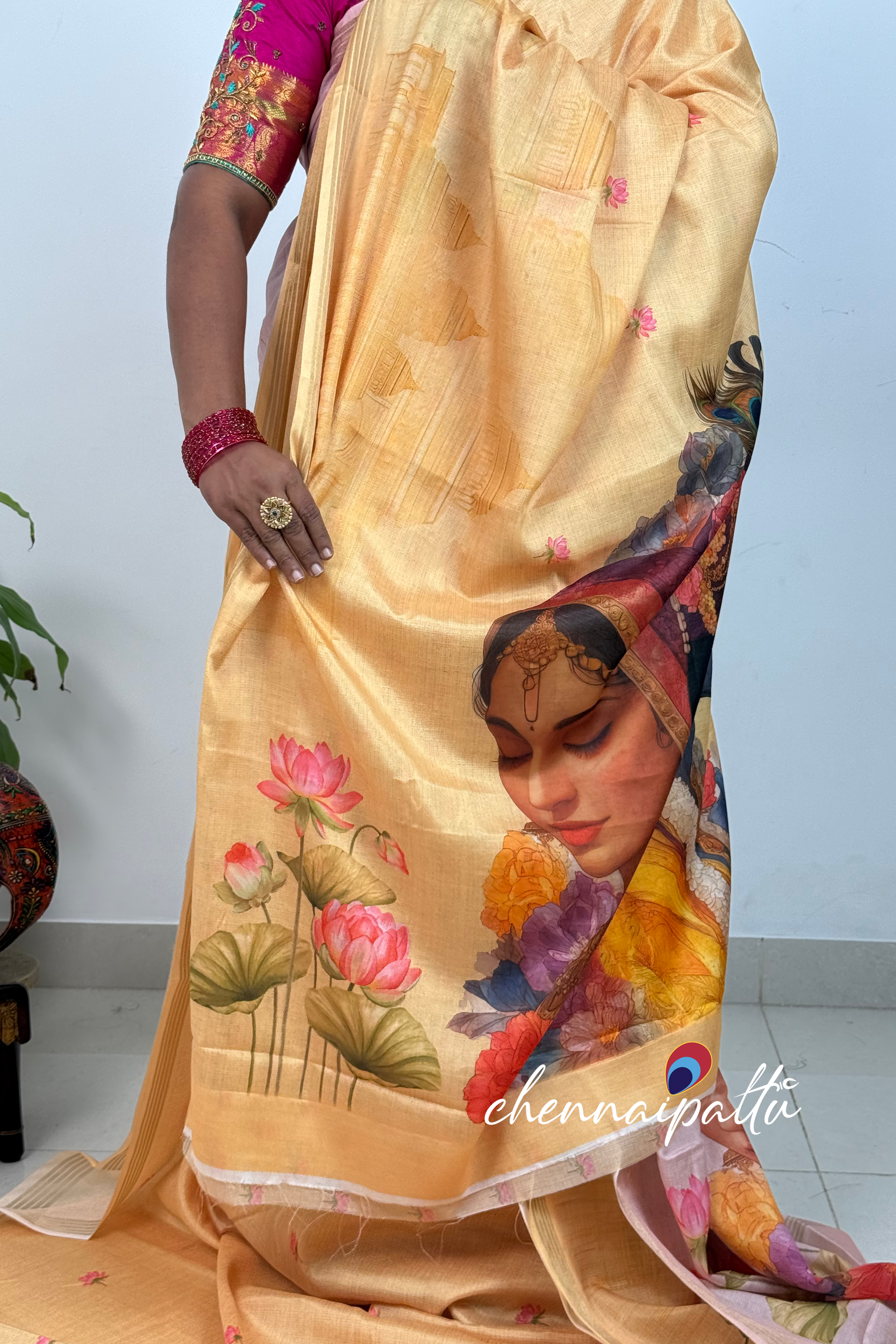 SUNITHA – Kalamkari Cotton Tussar Saree | Radha Krishna Pallu