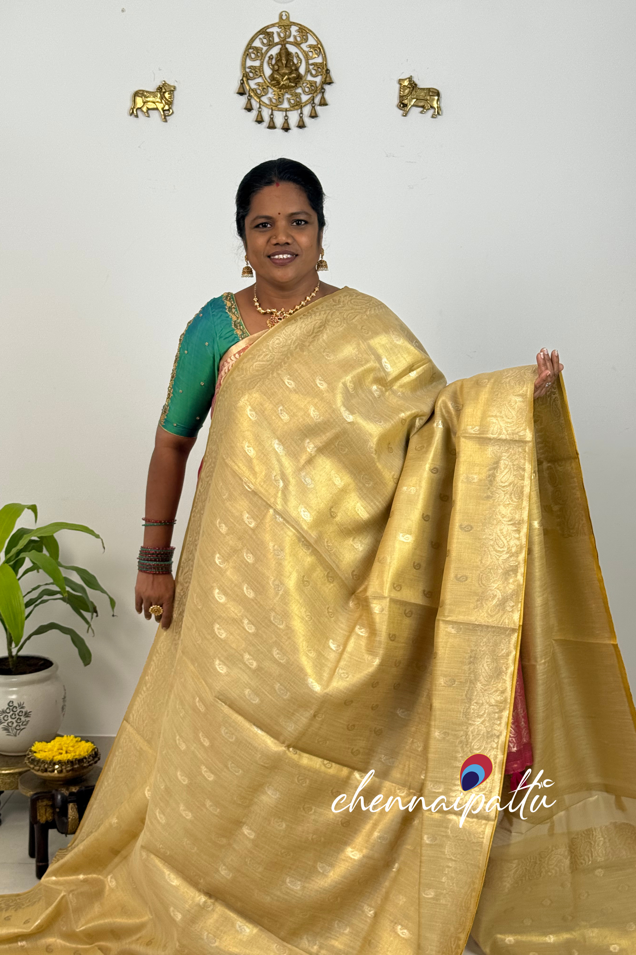 SUNITHA – Handcrafted Linen Tissue Saree | Blouse Attached