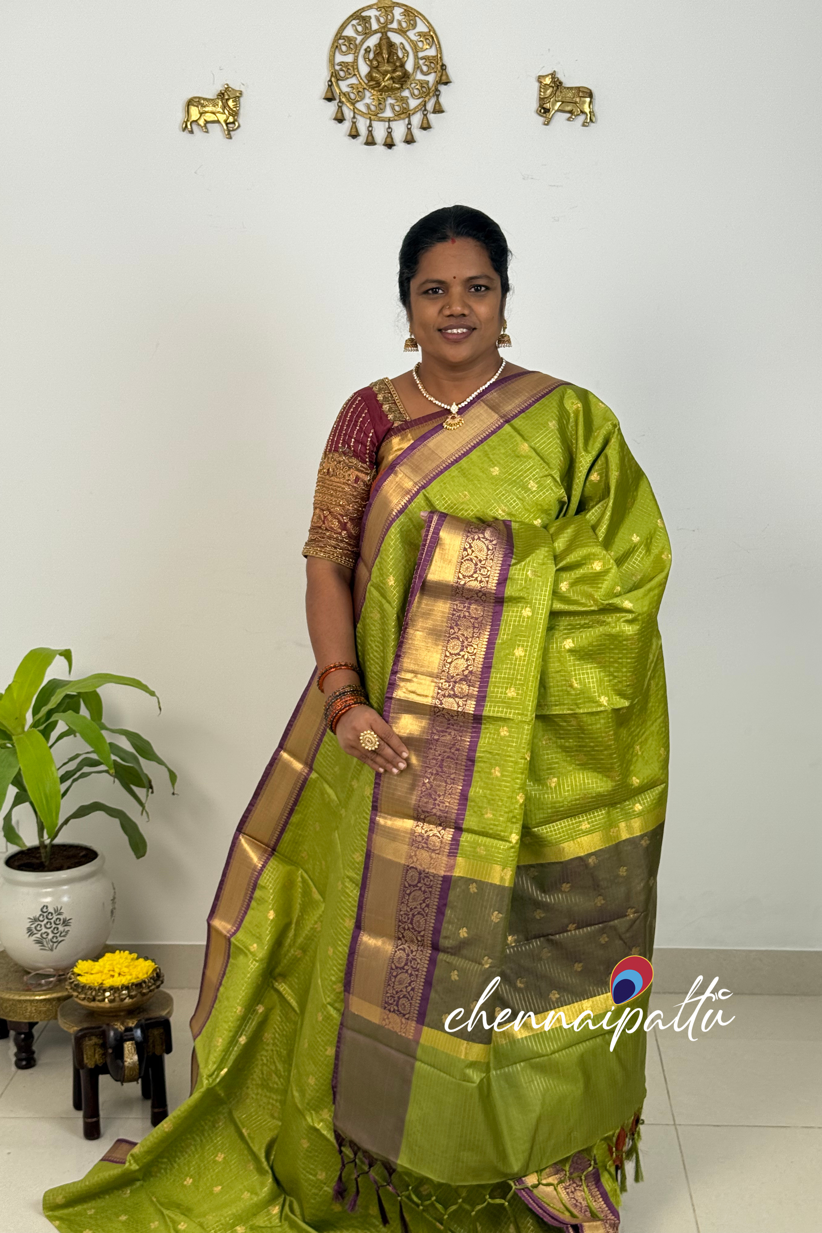 SUNITHA – Vintage Semi Banarasi Saree with Checks | Contrast Blouse Attached