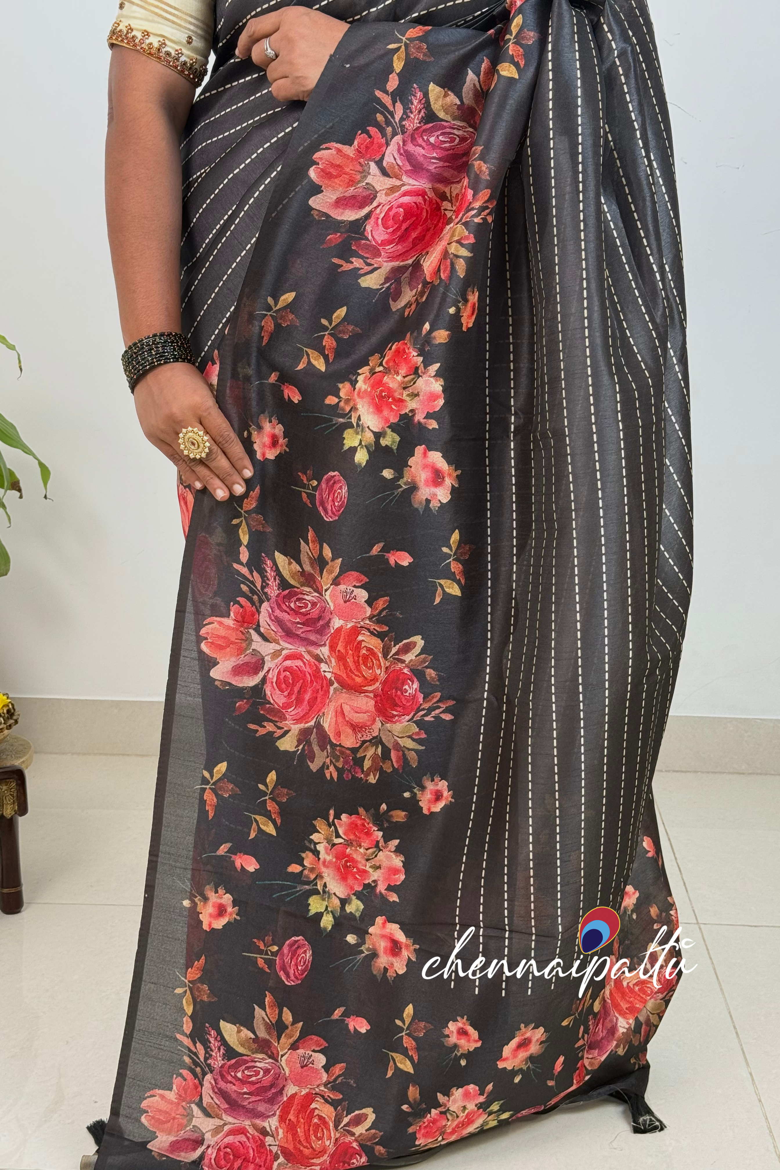 SUNITHA – Premium Semi Desi Tussar Saree with Digital Floral Print | Running Blouse