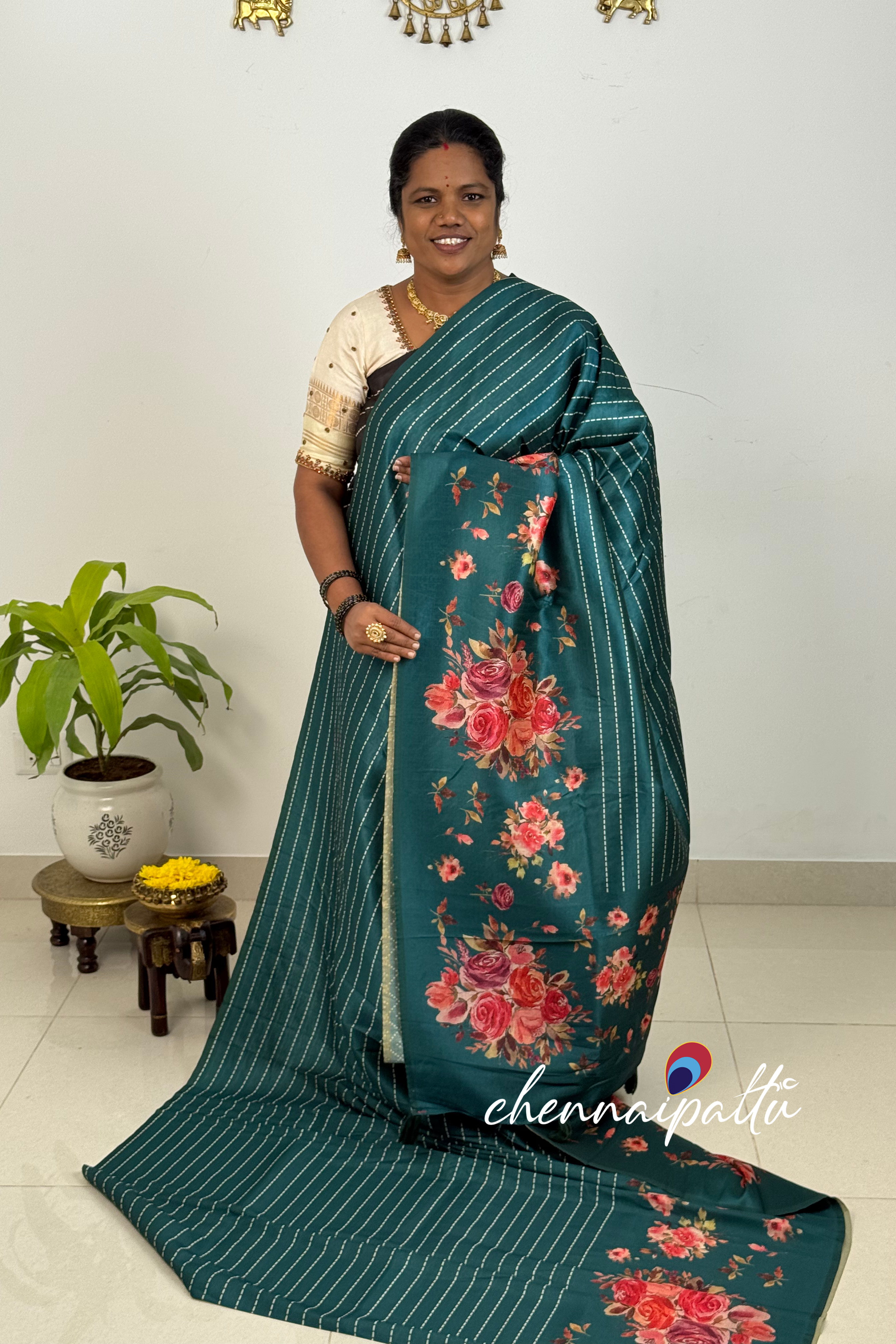 SUNITHA – Premium Semi Desi Tussar Saree with Digital Floral Print | Running Blouse