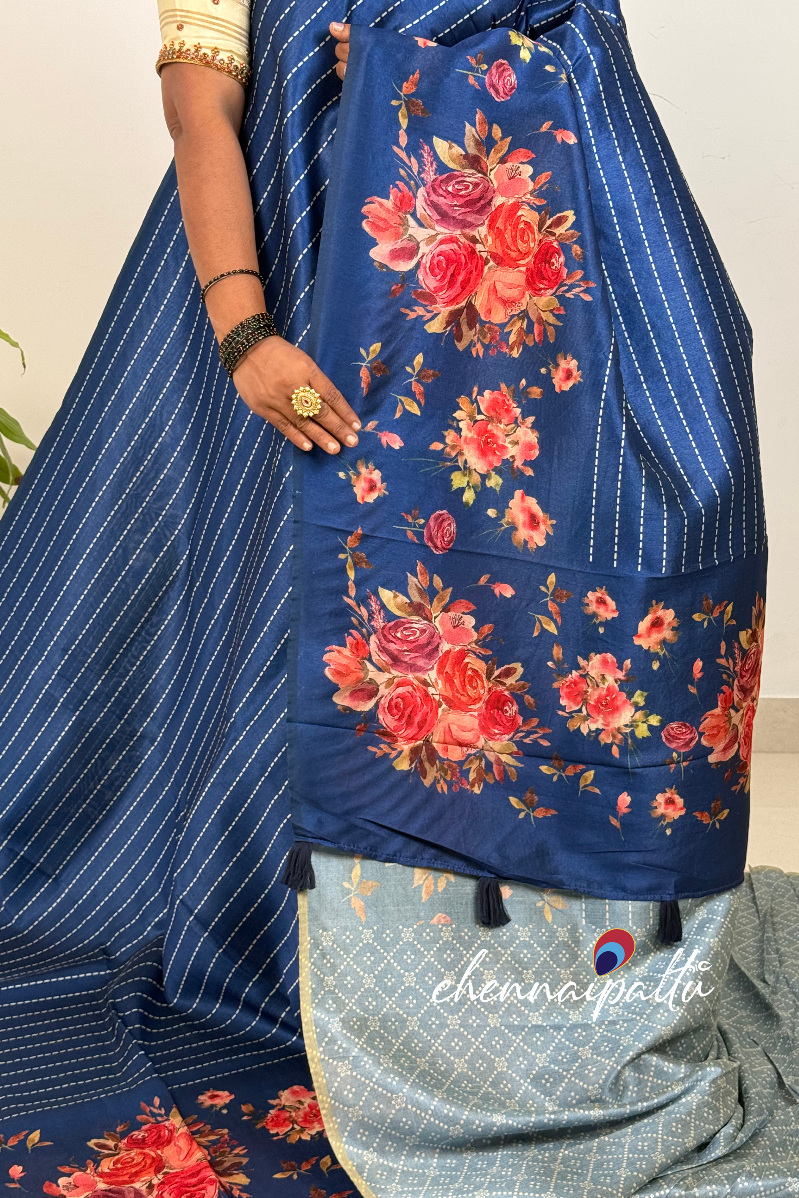 SUNITHA – Premium Semi Desi Tussar Saree with Digital Floral Print | Running Blouse