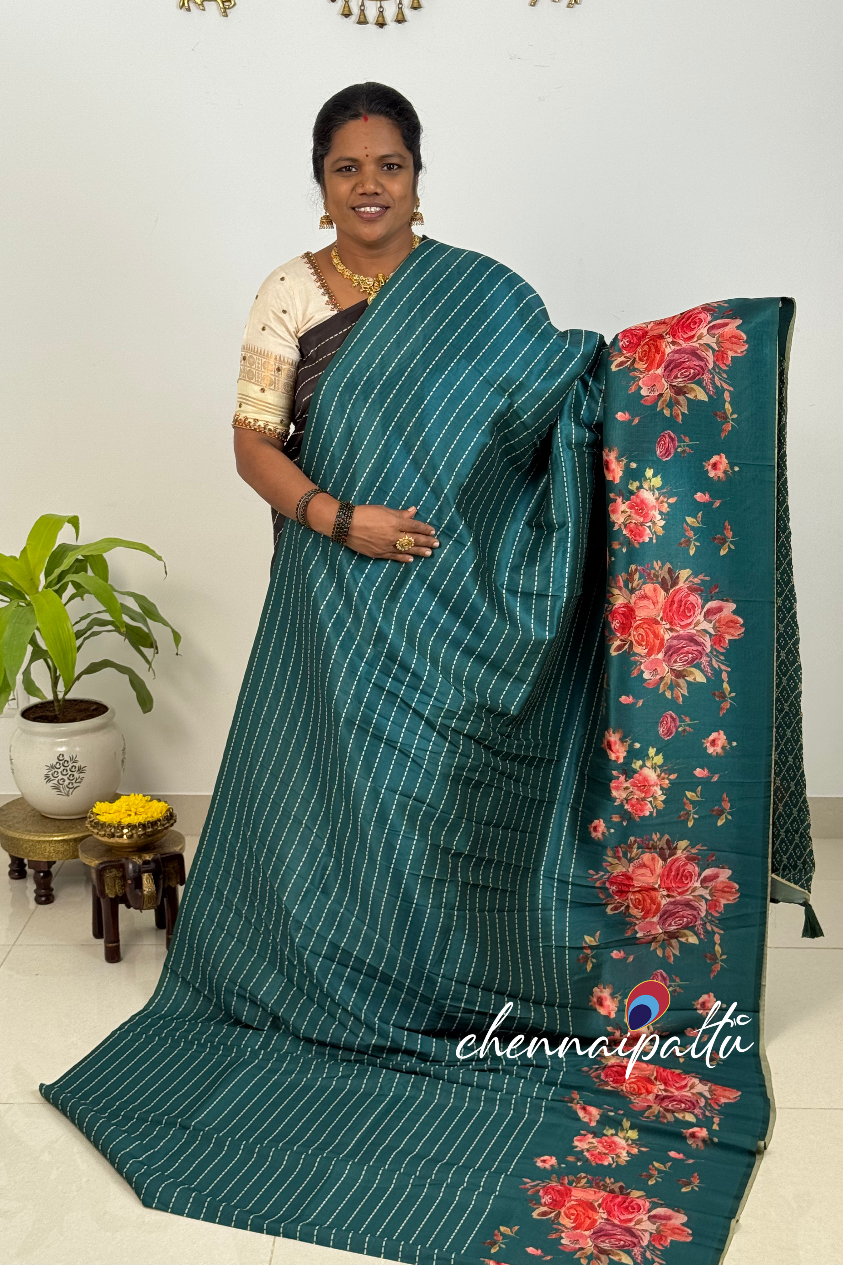 SUNITHA – Premium Semi Desi Tussar Saree with Digital Floral Print | Running Blouse
