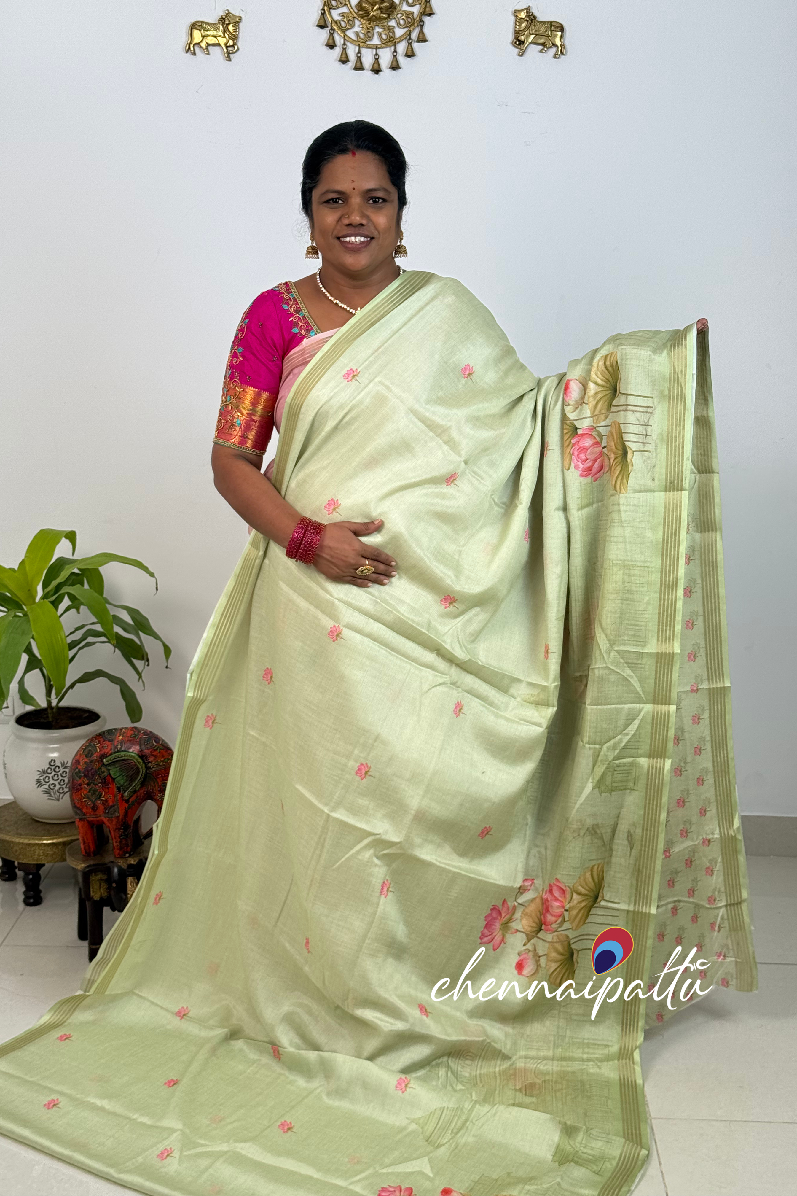 SUNITHA – Kalamkari Cotton Tussar Saree | Radha Krishna Pallu