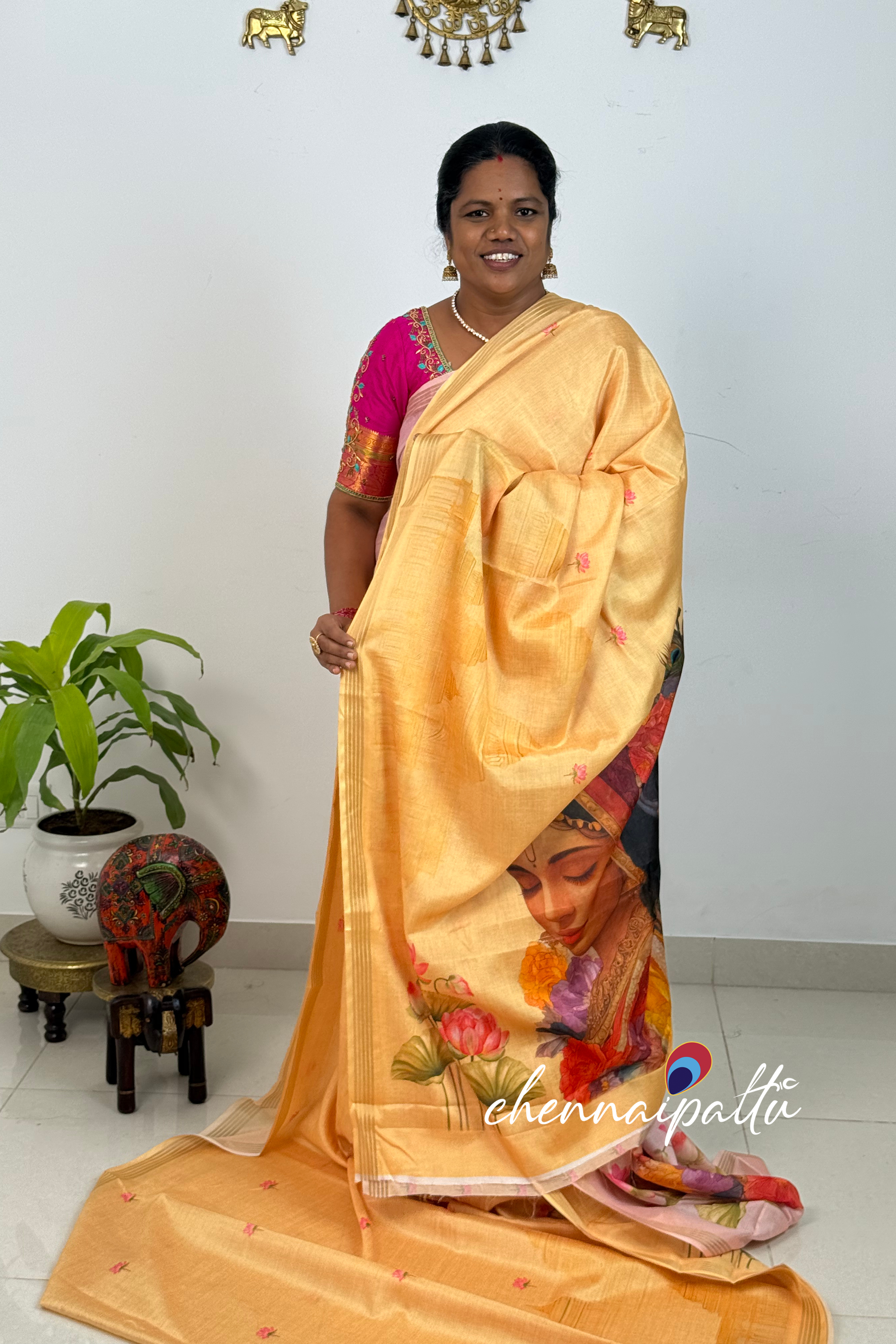 SUNITHA – Kalamkari Cotton Tussar Saree | Radha Krishna Pallu