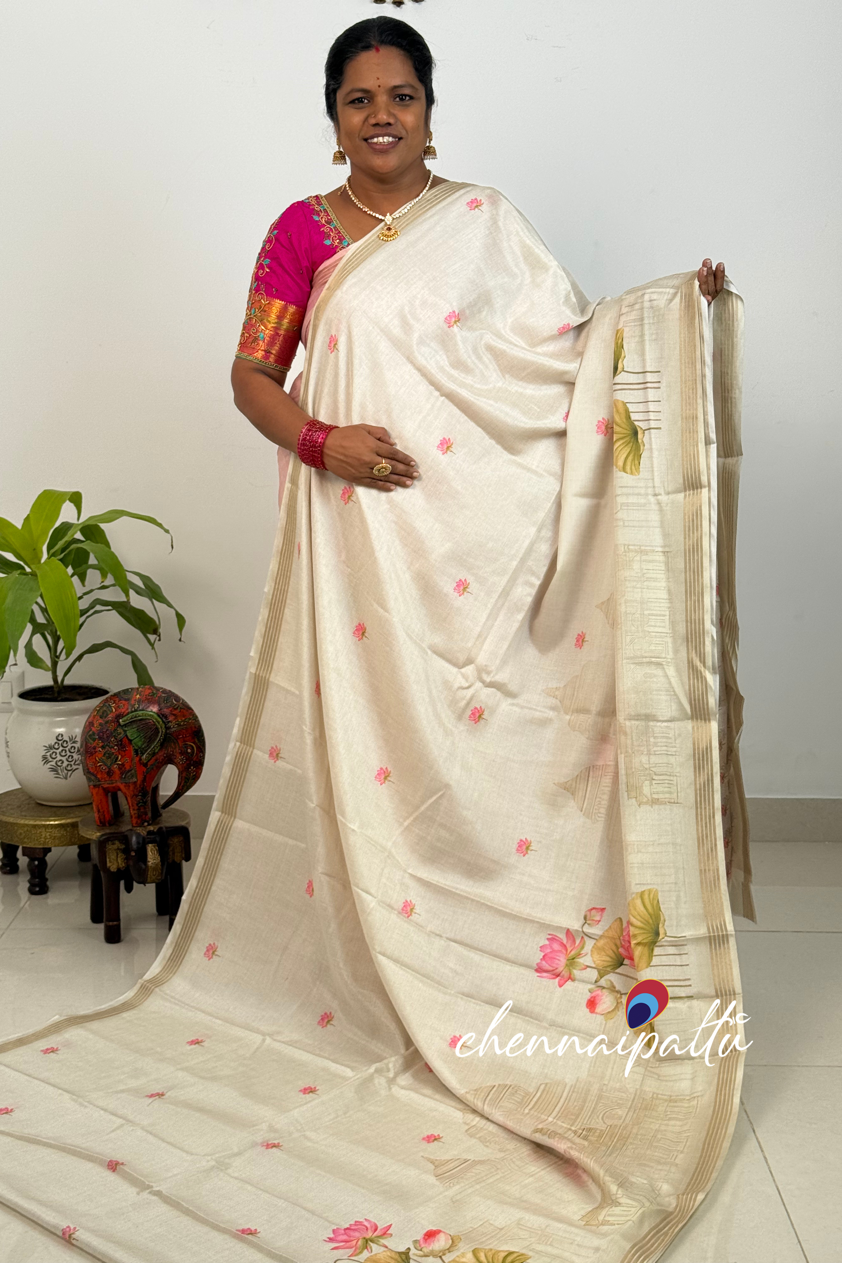 SUNITHA – Kalamkari Cotton Tussar Saree | Radha Krishna Pallu